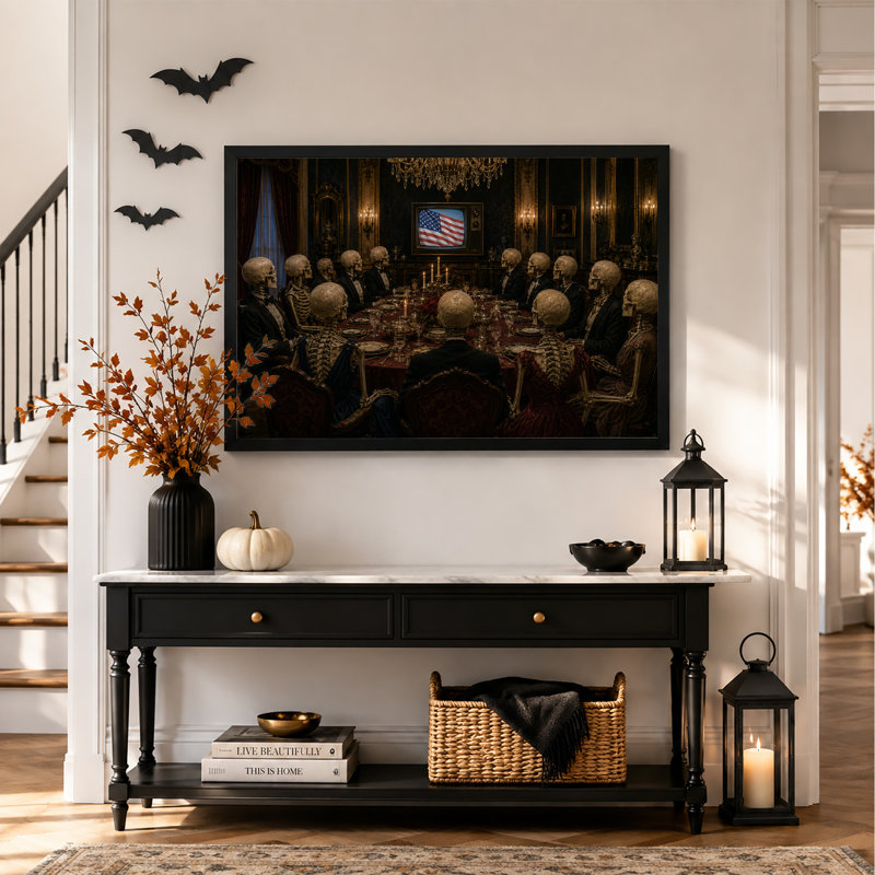 Squelettes dînant en tenue de soirée à une grande table - Toile murale d'Halloween, H 20 po x l 30 po