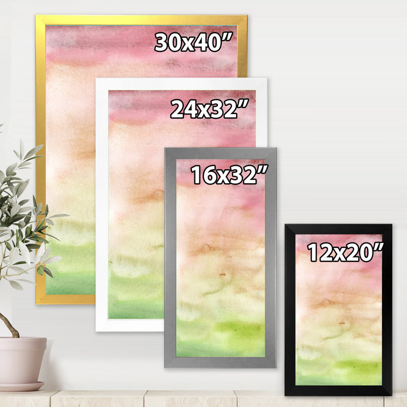 «Abstract Sunset with Pink Beige and Green», peinture sur toile encadrée, Toile avec cadre argenté, H 20 po x l 12 po x P 1po
