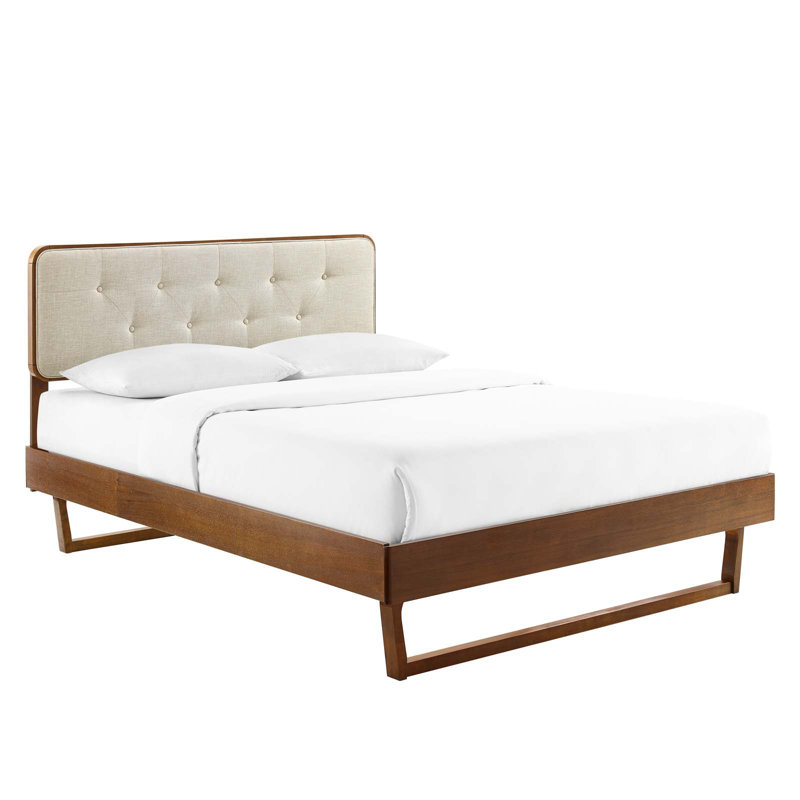 Bridgette Wood Platform Bed with Angular Frame, Full, Walnut/Beige