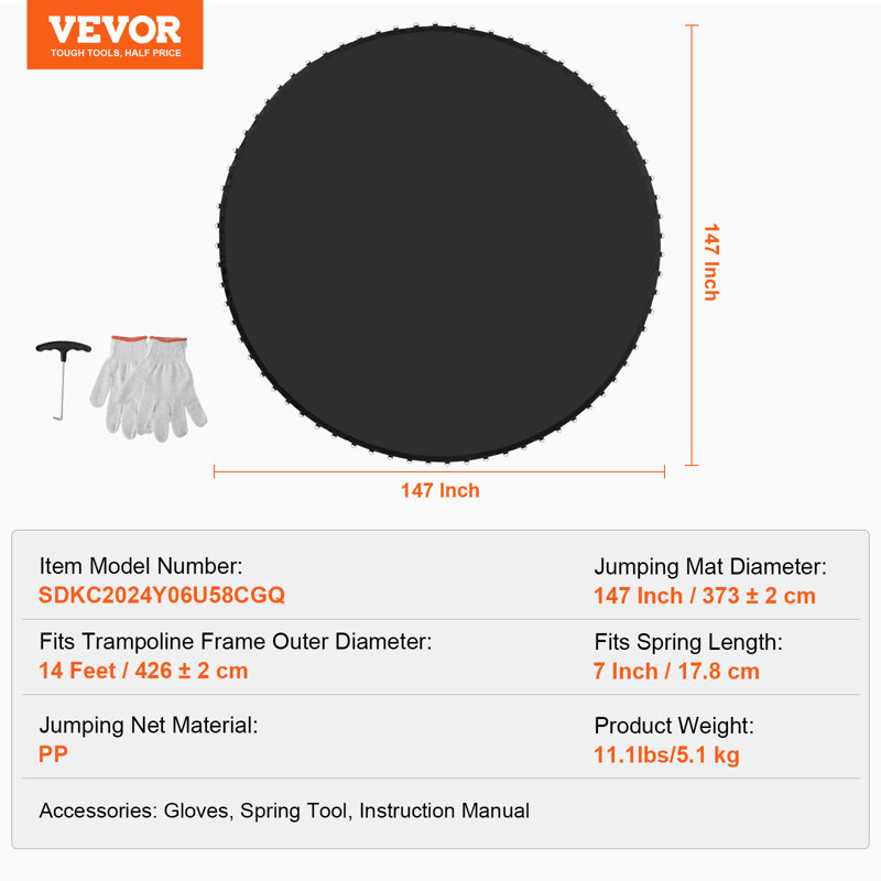 Le tapis de trampoline de rechange de VEVOR s'adapte aux anneaux en V de la structure 72, L 147 po x P 147 po