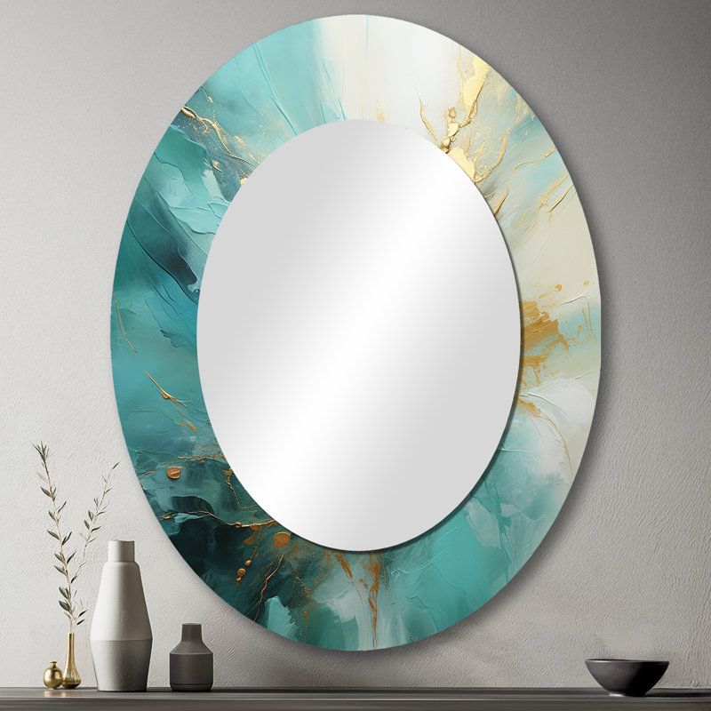 Doré et bleu sarcelle Aurora Harmony II - grand miroir mural ovale sur métal, 43 po x 33 po