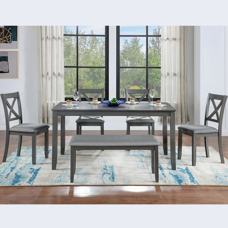 Ensemble de salle à manger de cuisine 6 pièces, table de salle à manger rectangulaire en bois avec 4 chaises rembourrées et un banc, ensemble de table de salle à manger pour 6 personnes