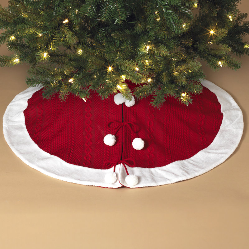 Red Cable Knit Tree Skirt with White Faux Fur Trim