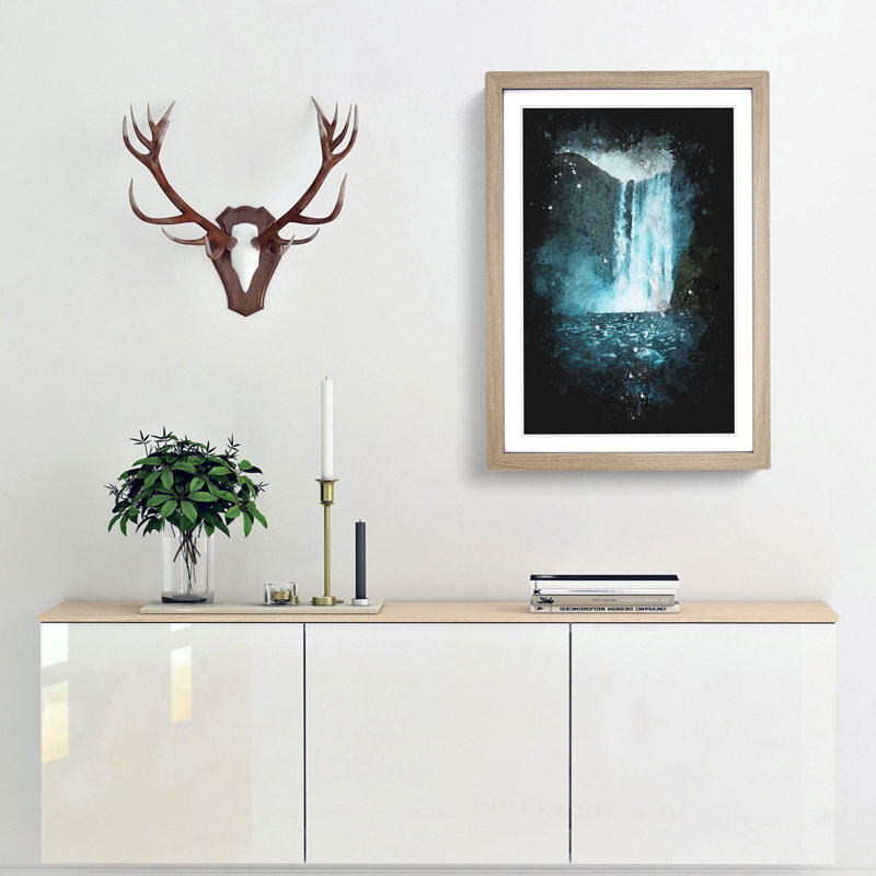 Waterfall Path in Iceland - Framed Print, 45cm H x 33cm W x 2cm D, Oak Framed