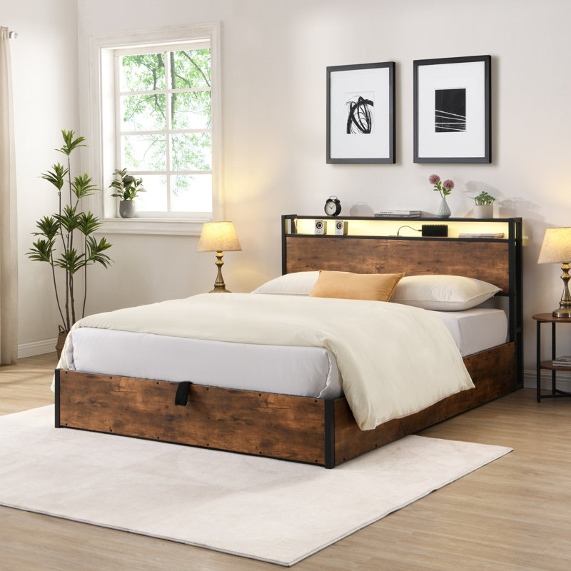 Base de lit avec rangement relevable, base de lit grand avec tête de lit bibliothèque et lumières DEL, base de lit plateforme en bois avec station de charge, pas de sommier nécessaire, brun rustique