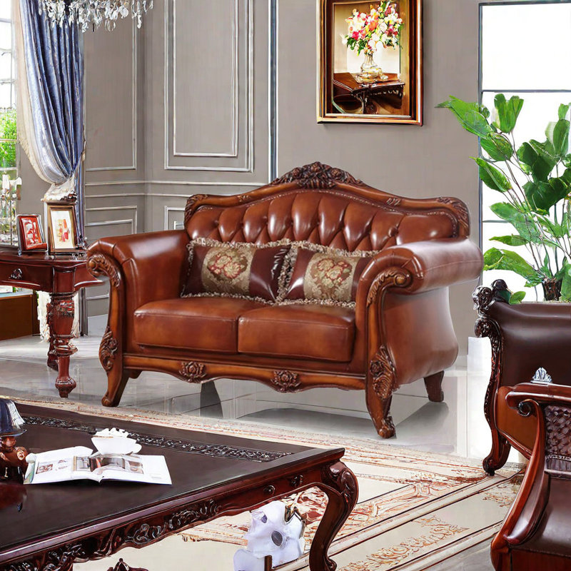 European-style Living Room Carved Sofa. 64.5'' Leather Loveseat