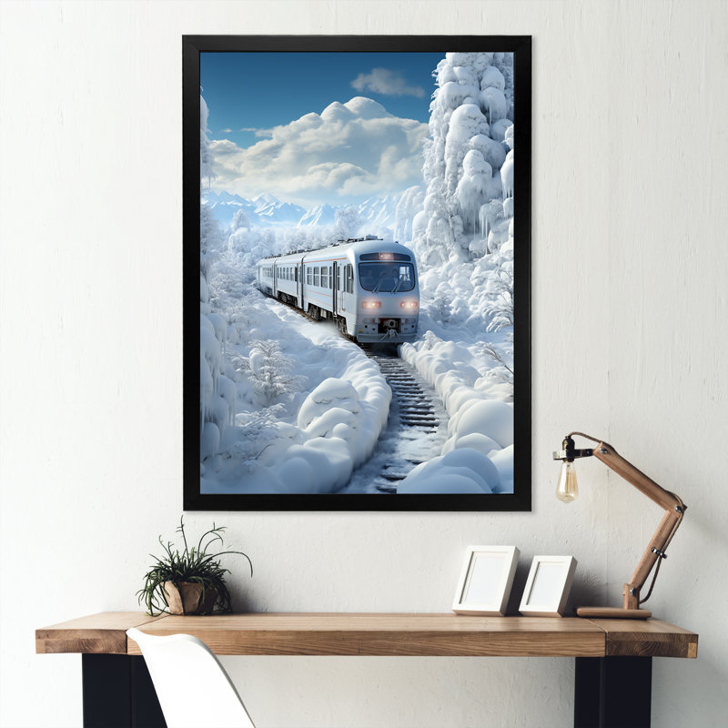 «Christmas Snow Train Journey II - Train», art mural, Cadre simple noir, H 32 po x l 16 po x P 1 po