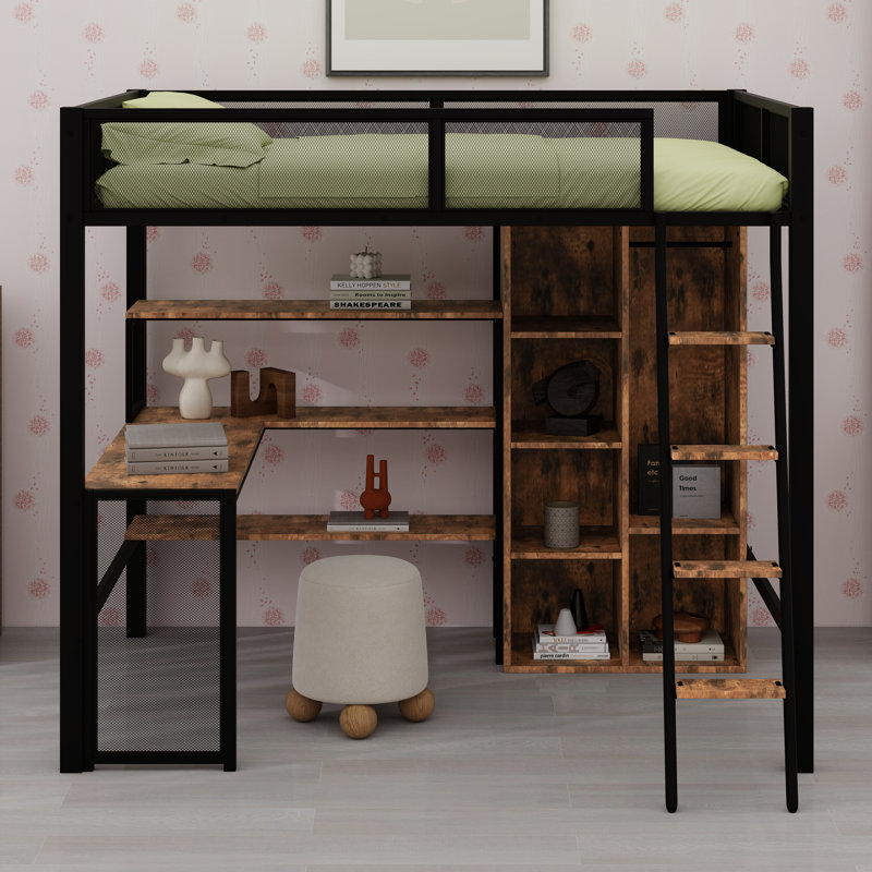 Lit mezzanine avec bureau et garde-robe de rangement, échelle encastrée et garde-corps sur toute la longueur