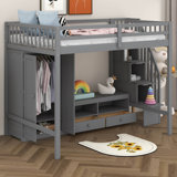 Full Size Loft Bed Frame With Wardrobe,Low Storage Table And Storage Staircase
