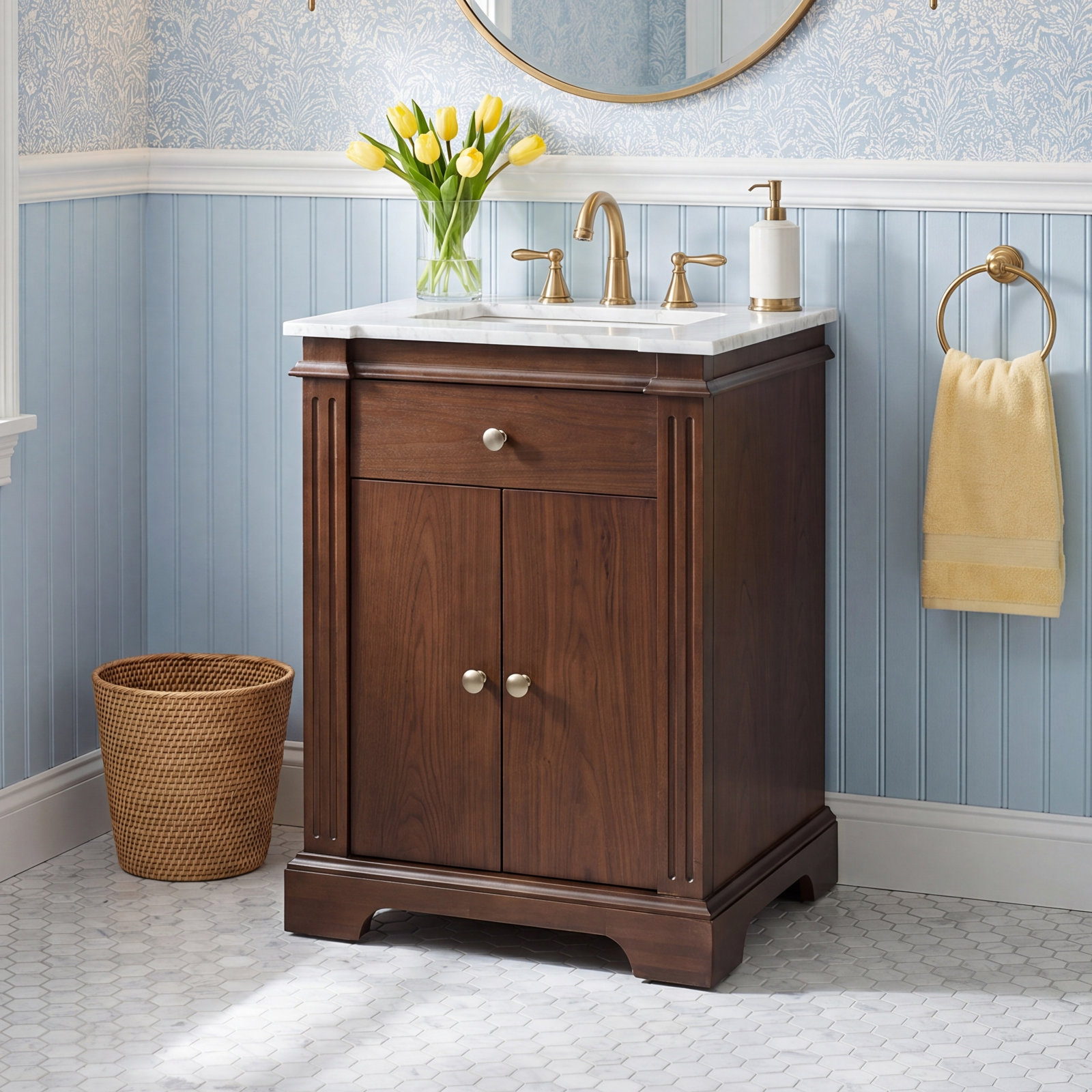 Garza 24" Carrara Marble Single Bathroom Vanity, Natural Walnut