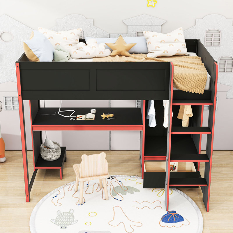 Lit mezzanine en bois 1 tiroir avec bureau, garde-robe et éclairage DEL, Simple