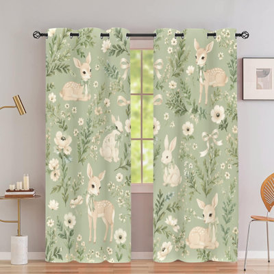 2Pcs Cute Woodland Deer Bunny Animal Print Grommet Blackout Curtains, Whimsical Forest Pattern, Polyester Window Drapes, Thermal Insulated & Noise Reducing, Privacy Protection, Decorative Stylish Home Decor for Teen Room, Dormitory, Living Room