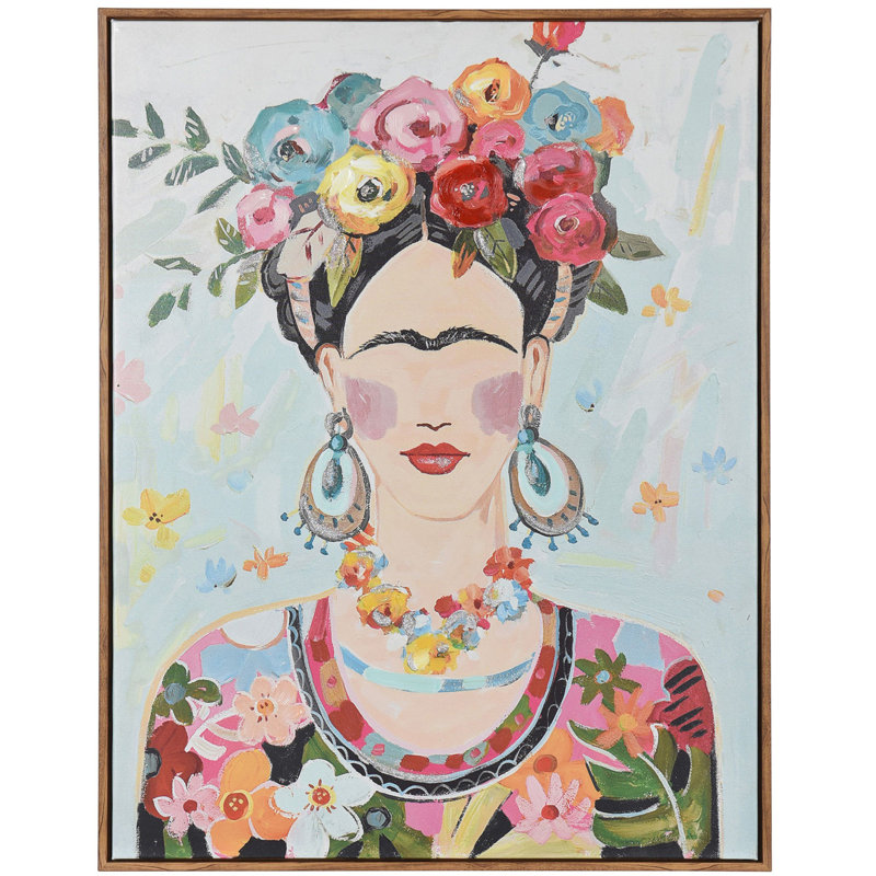 Boho Frida - Art mural portrait de femme peint à la main en acrylique - Cadre en bois naturel
