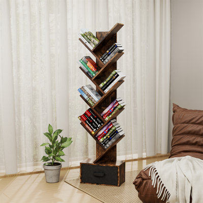 9 Tier Tree Bookshelf With Drawer, Free Standing Wood Bookcase For Narrow Space, Storage Organizer Bookshelves For Books, Book Case For Home Office, Living Room, Bedroom, Rustic Brown