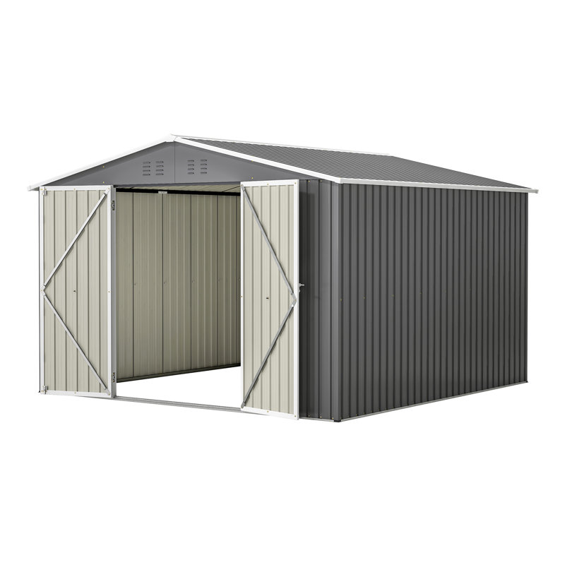 Remise de rangement extérieure grise de 10 pi x 10 pi avec un design mis à jour et des portes verrouillables, un toit incliné pour la ventilation, idéal pour les besoins d'organisation de la cour arrière, grand jardin