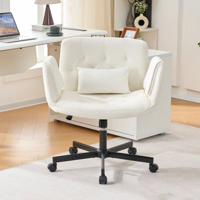 Criss Cross Chair with Armrests, Cross Legged Office Chair with Pillow, PU Leather Task Chair for Living Room, Bedroom, Game Room