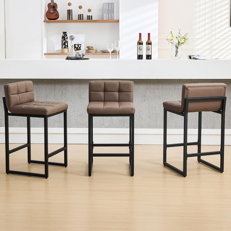 Upholstered Low Back Counter Stool with Thickened Metal Frame for Kitchen Island, Brown, 3, Counter Stool (26” Seat Height) 
