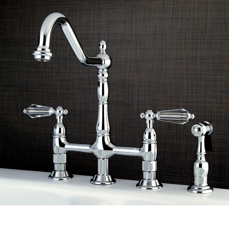 Kingston Brass Wilshire Two-Handle 4-Hole Deck Mount Bridge Kitchen Faucet with Side Sprayer, Polished Chrome