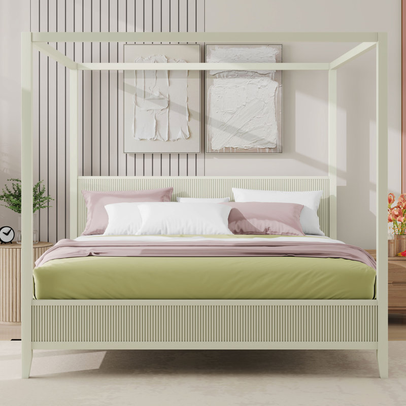 Lit plateforme à baldaquin avec tête de lit cannelée Farmhouse, Beige
