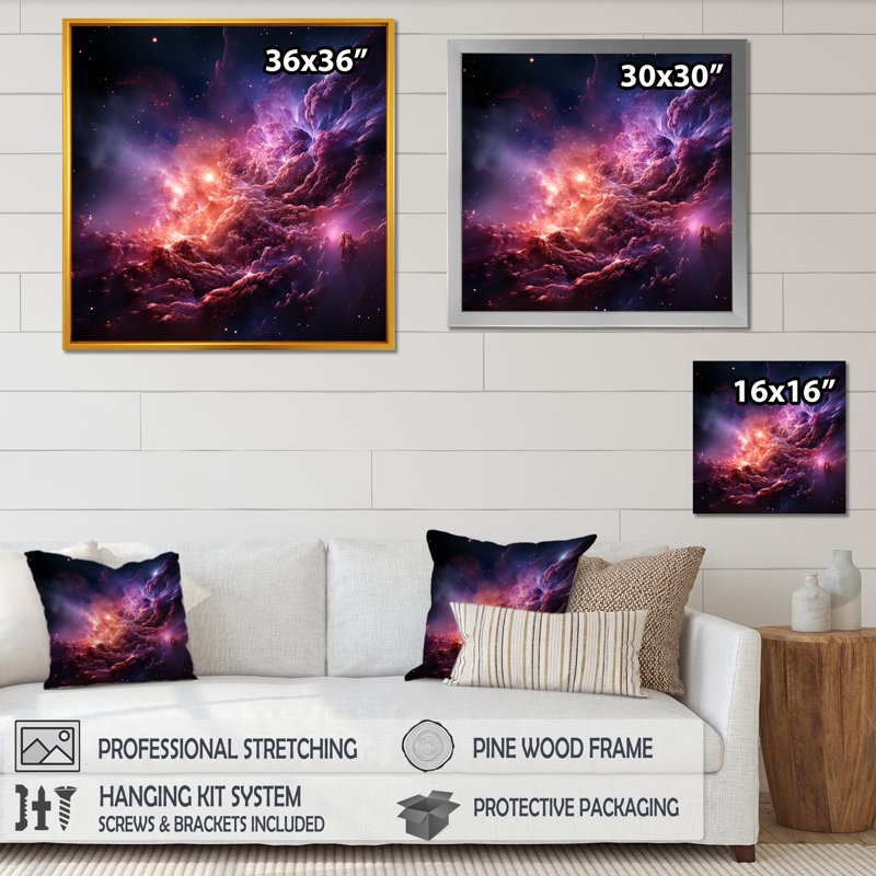 Abstract Purple Galaxy Storm V - Abstract Spirals Wall Art, Gold Floater Framed, 16" H x 16" W x 1" D