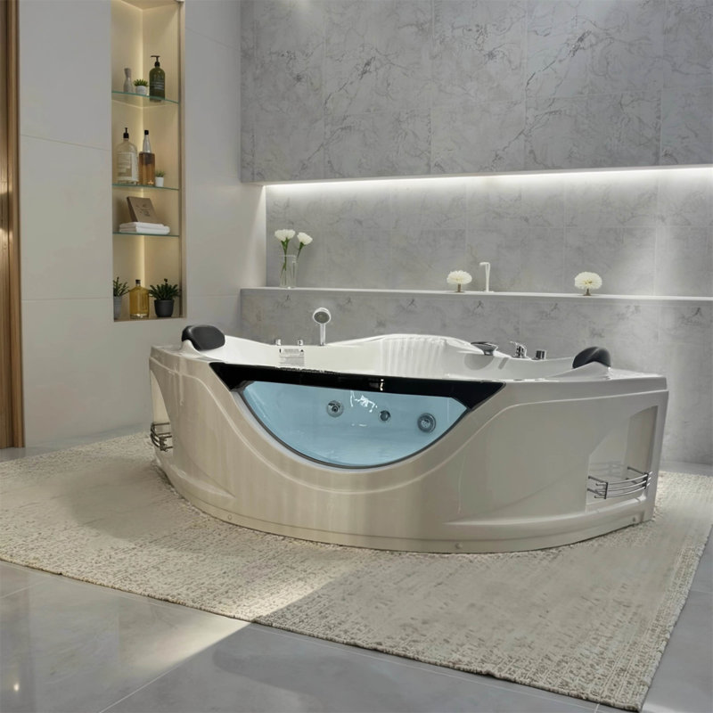 59" Corner Whirlpool Bathtub For 2-Person, Luxury Jetted Spa Tub With 6 Hydro Massage Jets, Chromatherapy LED Lights &Pneumatic Adjust System, UL Certified Water Pump,UPC Certified Drainer