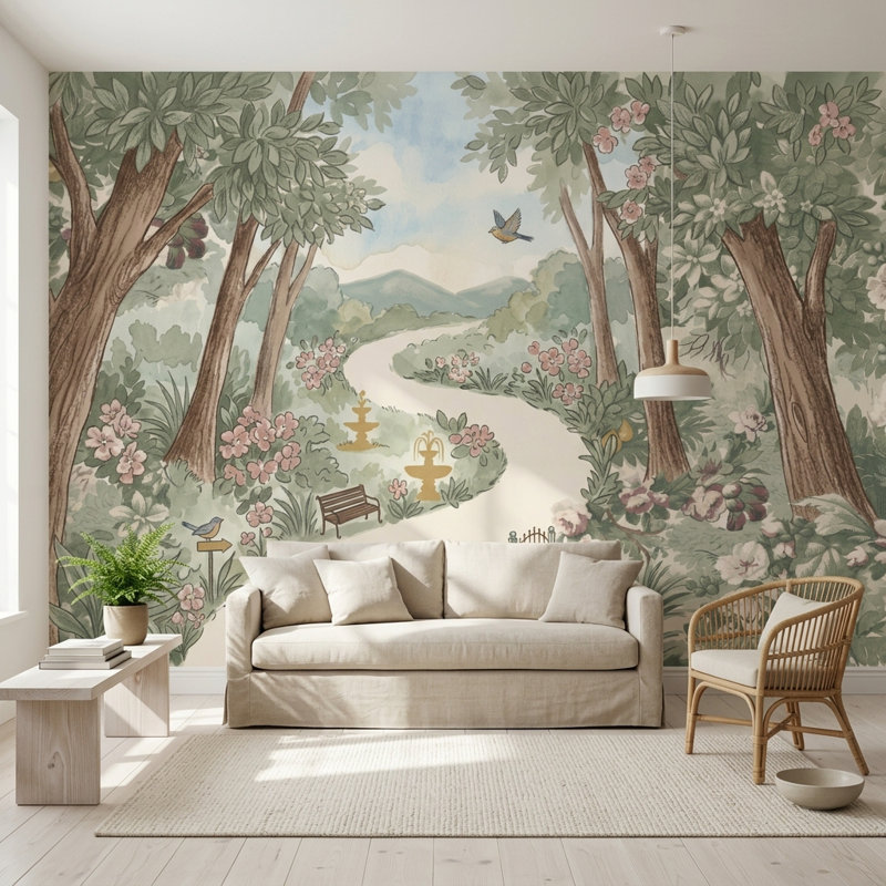 Jardin, papier peint, chemin sinueux, aquarelle amovible, décoration murale, 200 po x 120 po, Non tissé