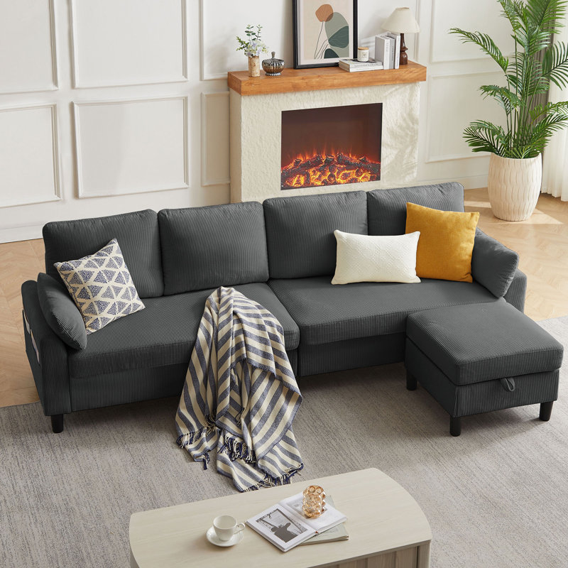 101'' Corduroy Upholstered Sectional Sofa With Storage Ottoman, Dark Gray Corduroy