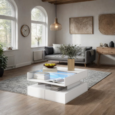 Modern Lift-Top Coffee Table with 2 Drawers & LED Lights - 29.5" Square Glass Top Storage Table for Living Room
