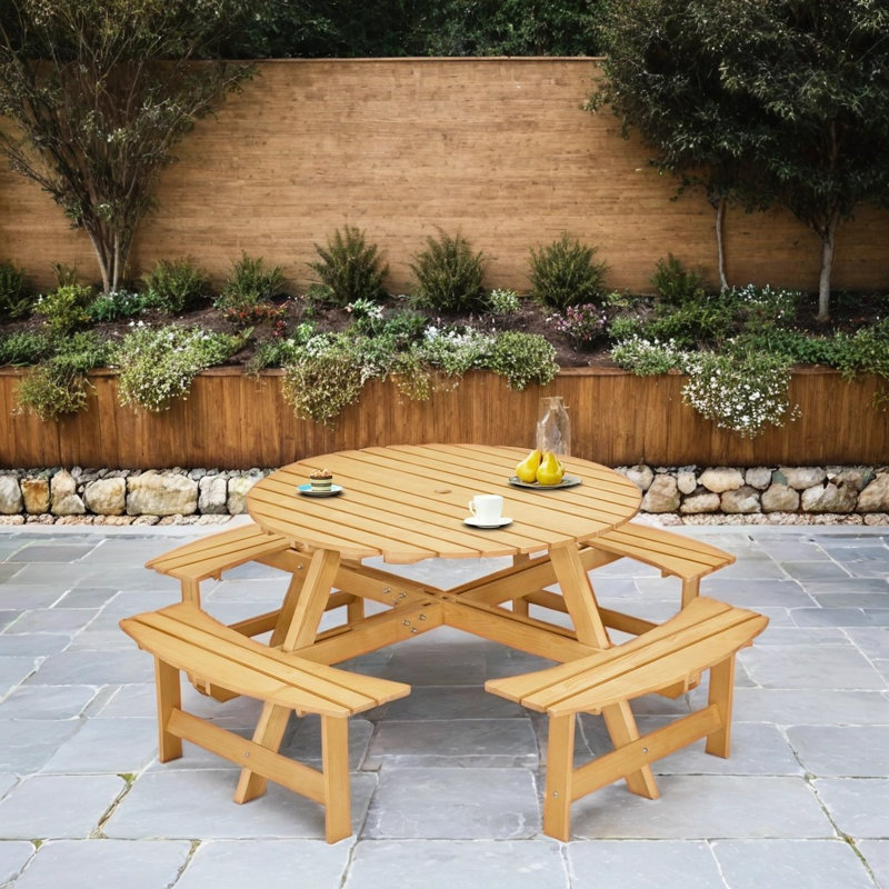 8-Person Round Picnic Table – 4 Built-in Benches & Umbrella Hole (Natural Wood, All-Weather), Natural