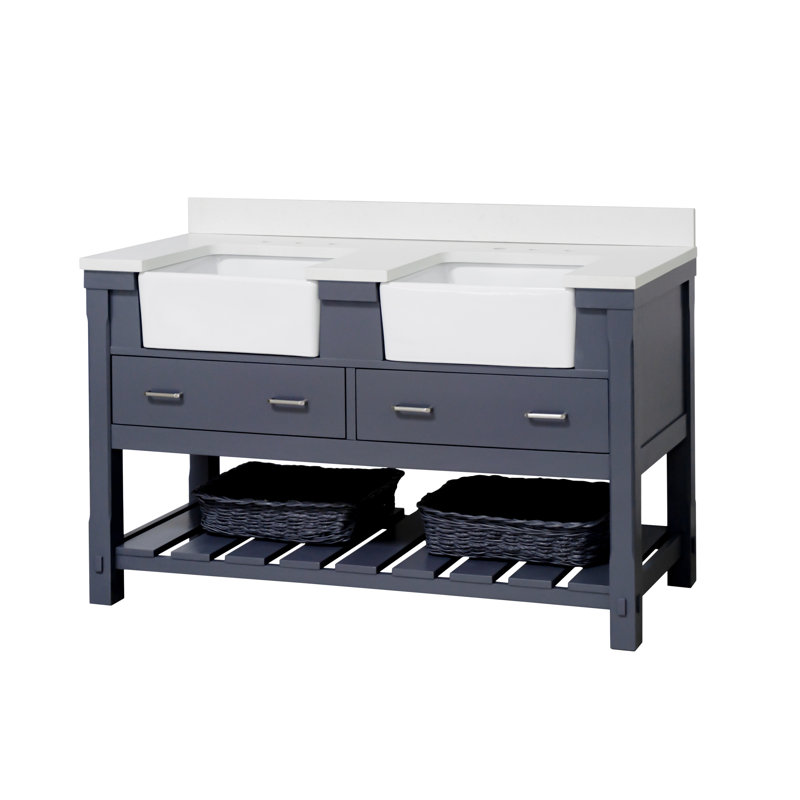 Hitton 60'' Double Bathroom Vanity with Top, Marine Gray, Quartz