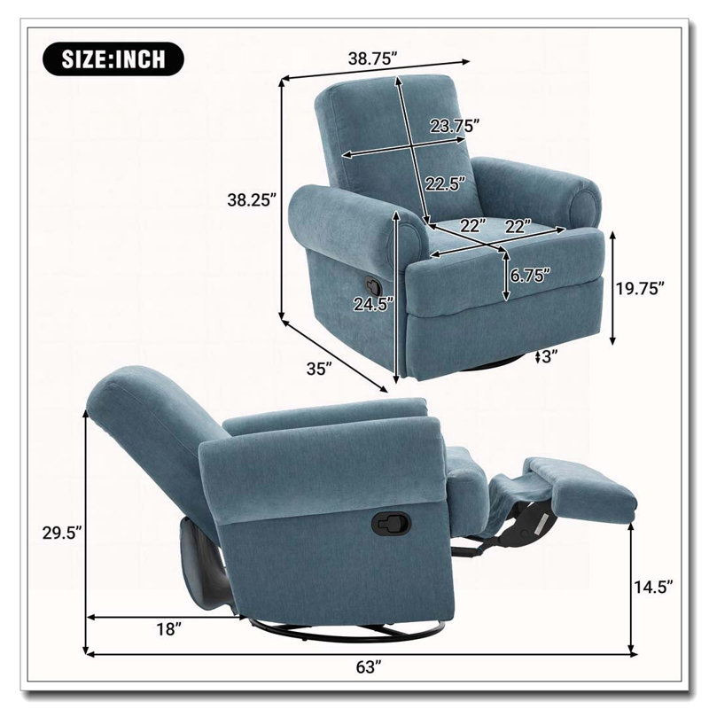Manual Recliner Sofa Swivel Recliner Rocker Chair With Adjustable Backrest For Living Room, Bedroom, Sky Blue
