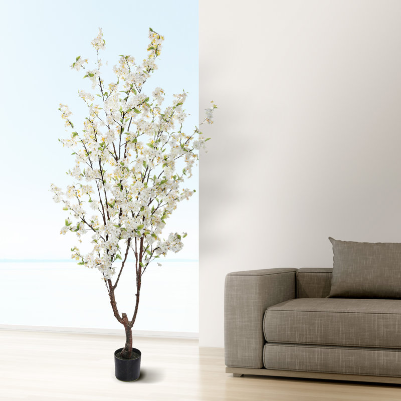Cerisier en fleurs artificiel en pot, H 66 po x l 12 po x P 12 po, Blanc