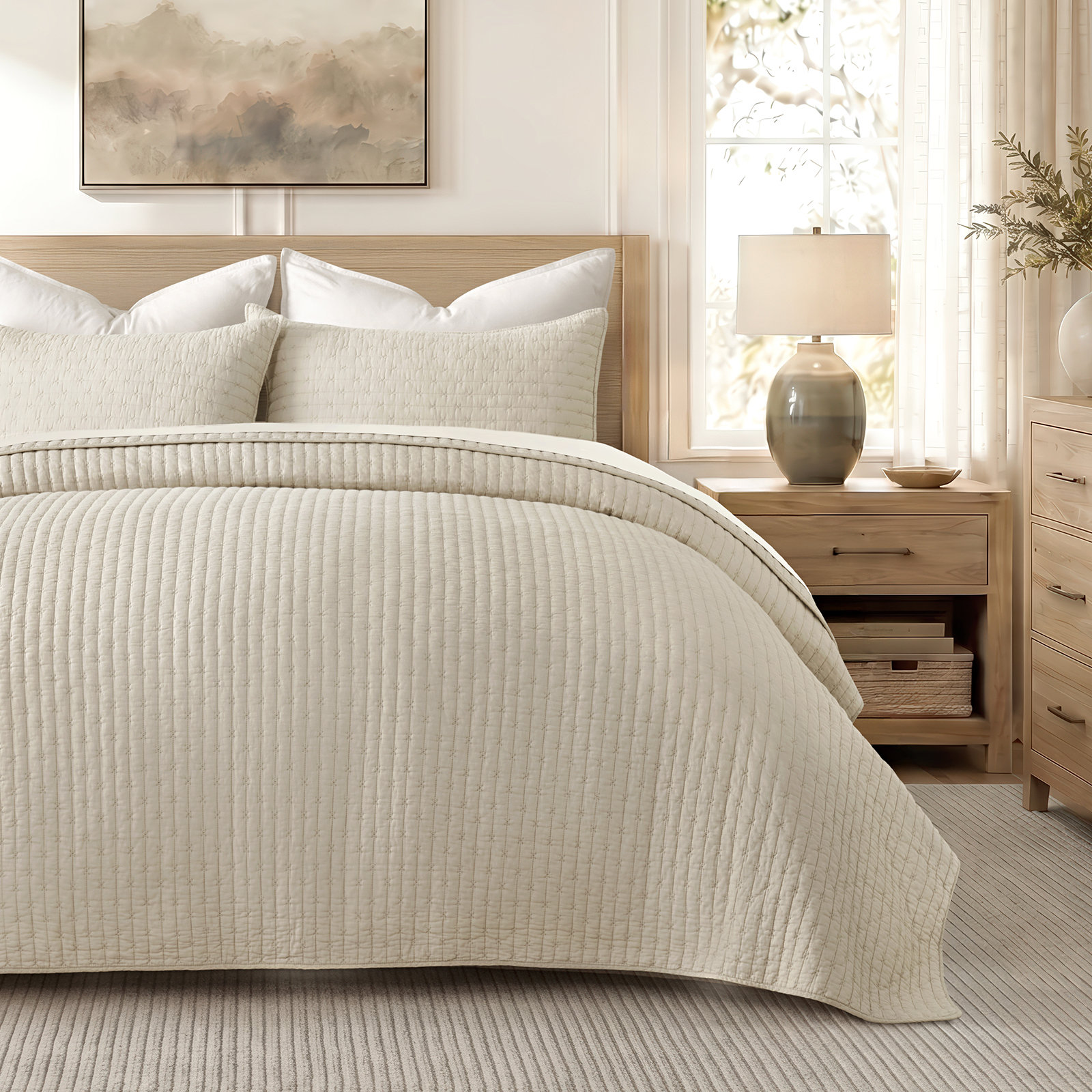 Cross Stitch Cotton Quilt set, King + 2 Shams, Birch