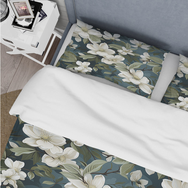 Ensemble de housse de couette à fleurs grises et blanches, Housse de couette pour grand lit et 2 taies décor