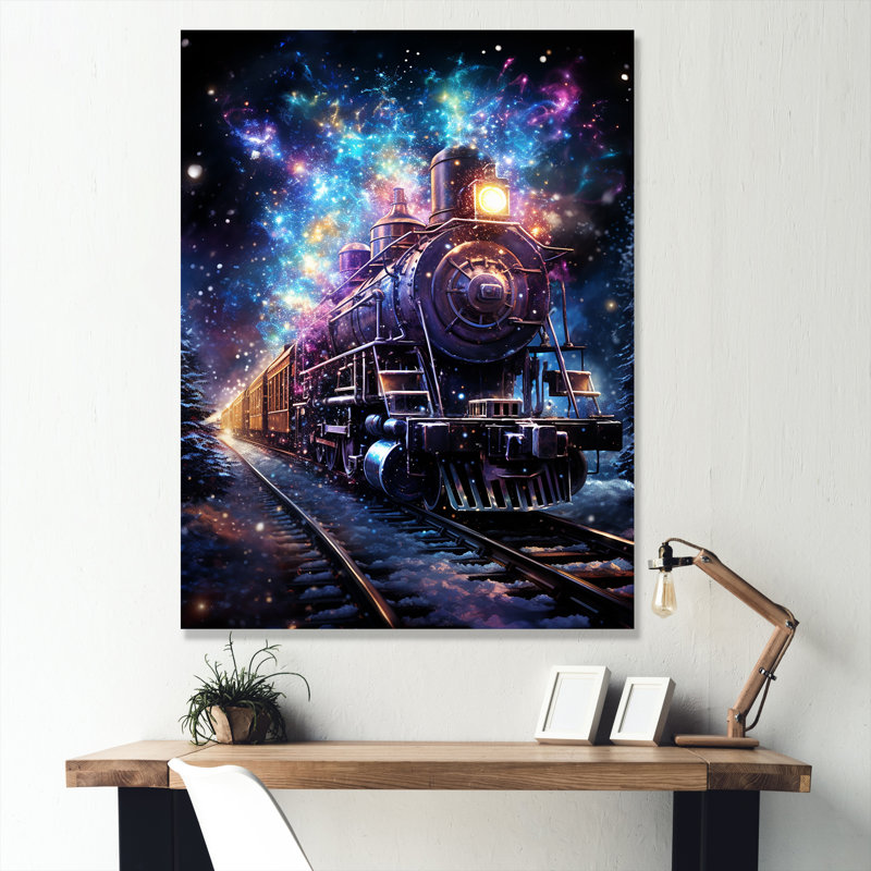 Voyage en train mauve au clair de lune - train, art mural, H 44 po x l 34 po x P 1,5 po, Toile tendue