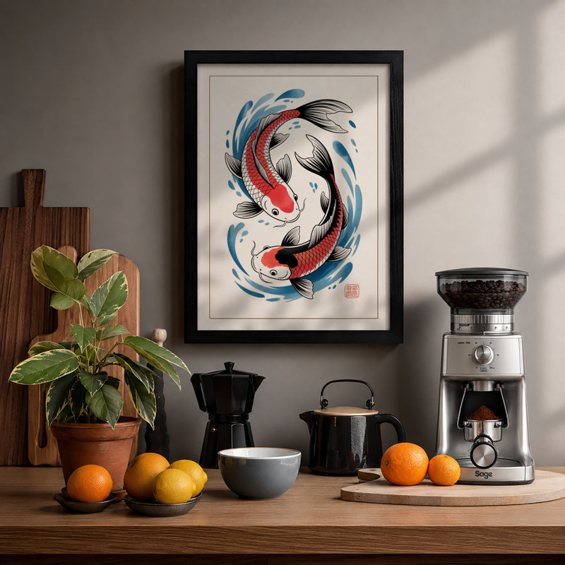 Koi Dance Japandi - Framed Print, Black, A4 - 29.7 x 21.0 cm
