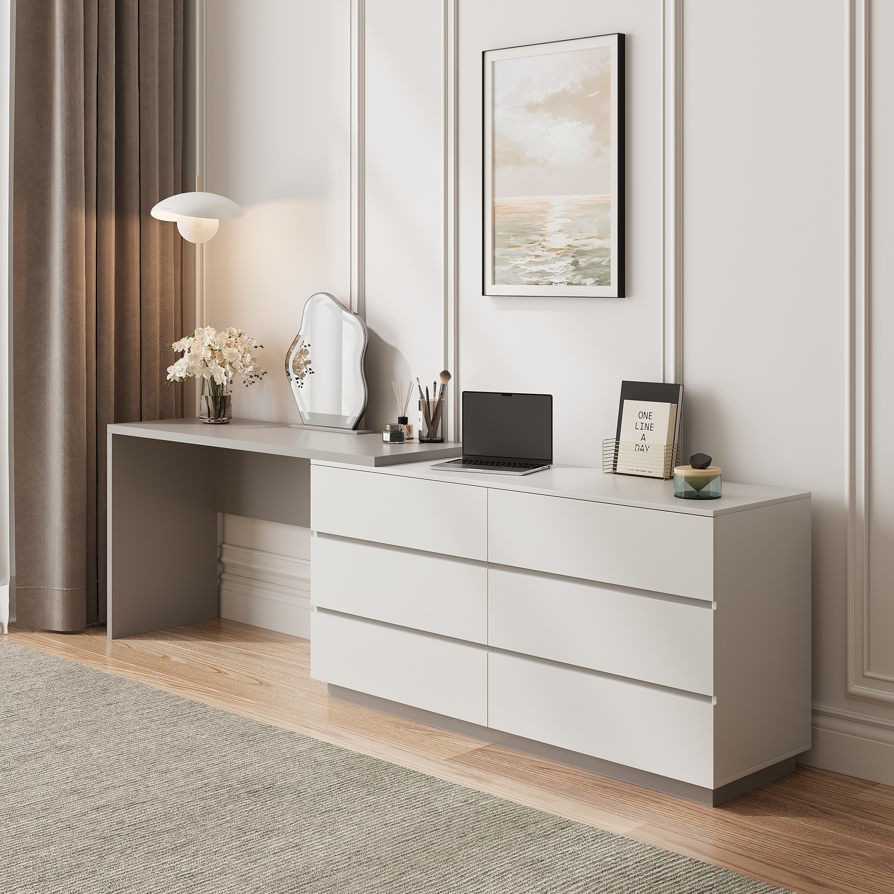 dresser desk Latitude Run® Recruls Home Office 97.6'' Extendable with Storage Drawers, Rectangular/L-shaped Desk & Reviews top mirror People Dresser with Domino Desk