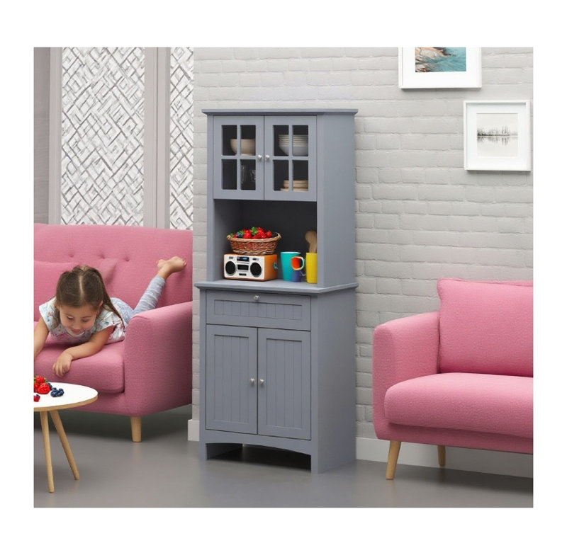 Armoire de rangement en MDF gris avec tablettes à plusieurs niveaux