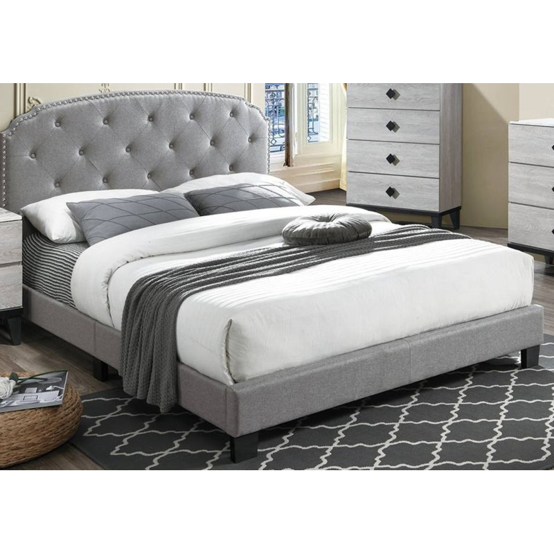Lit plateforme capitonné Jaquavien, Complet/Double, Gris clair