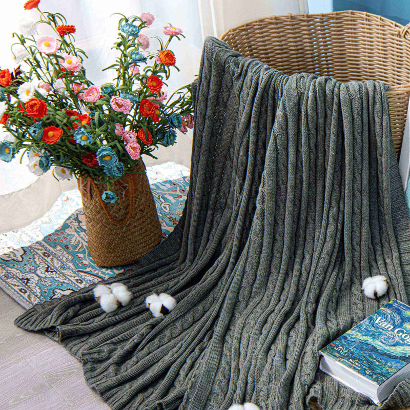 Couverture en coton tricoté , L 67 po x l 51 po, Gris foncé
