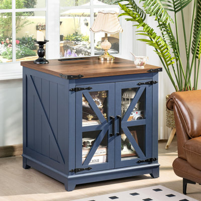 Table d'appoint de style champêtre en bois avec porte de grange en verre et station de recharge