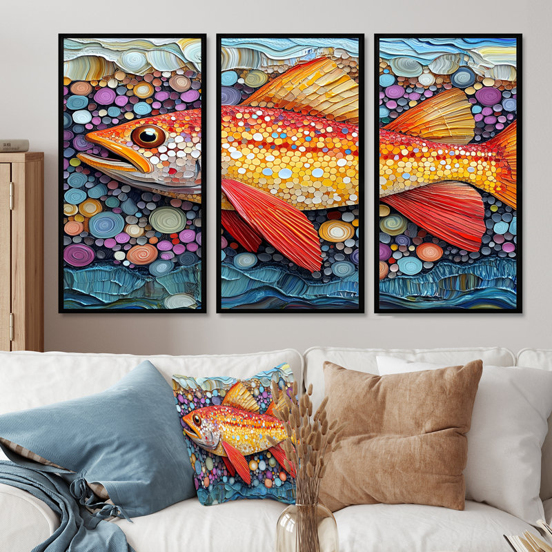 Red Arctic Char I - Fish Animal Wall Decor Set, 40" H x 60" W x 1" D, Black Floater Framed Canvas