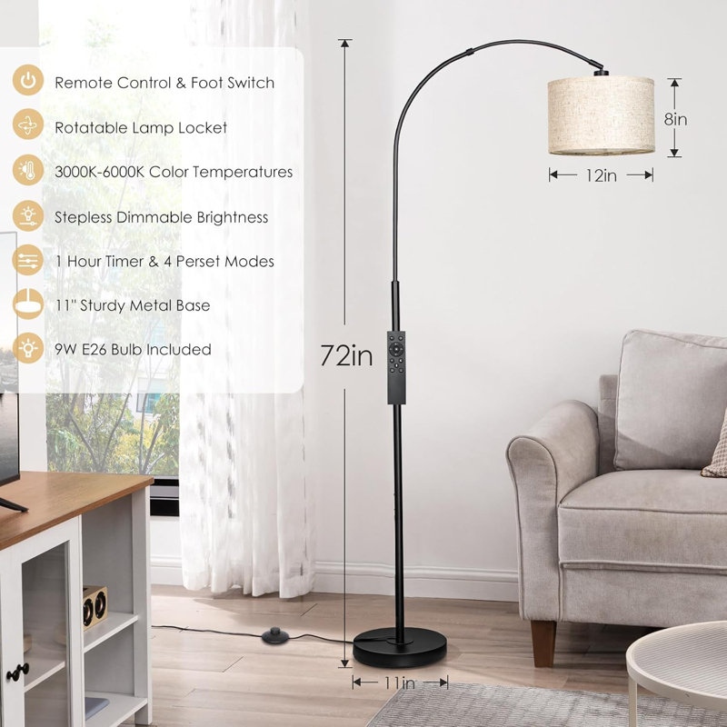Floor Lamp With Remote Control, Stepless Dimmable LED Bulb, Rotatable Drum Shade, And Foot Switch For Living Room, Bedroom, Or Office