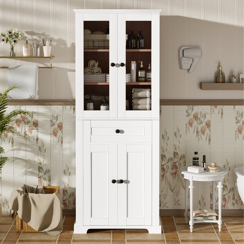 67.57" Tall Bathroom Storage Cabinet With Tempered Glass Doors, Adjustable Shelves & Drawer – Modern Freestanding Linen Tower, Soft-Close Design