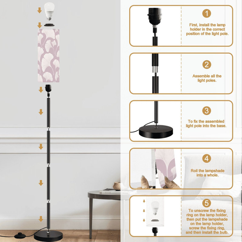 Lampe sur pied à motif floral sans soudure à motif de feuilles de ginkgo à motif graphique moderne à poser avec interrupteur au pied et télécommande