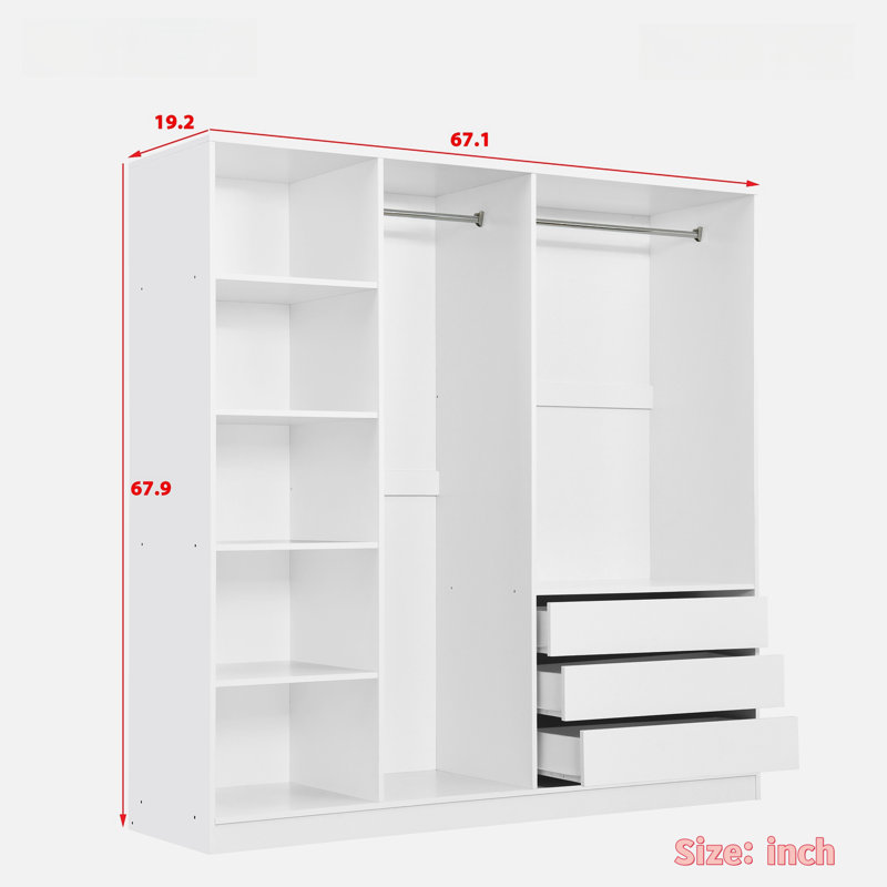 Armoire sans porte en bois avec 6 compartiments spacieux, tiges suspendues et 3 tiroirs, Blanc