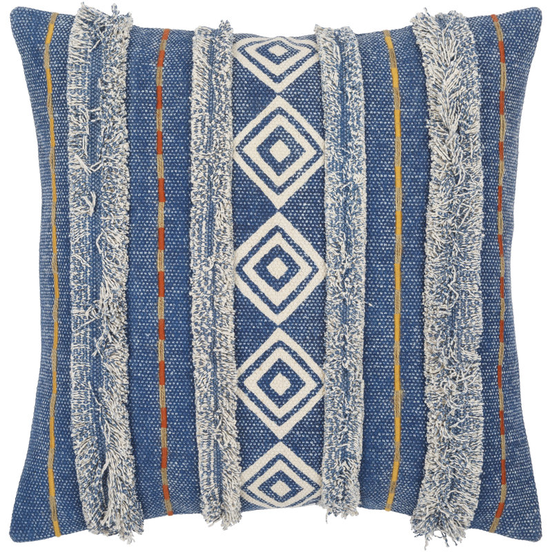 Blue and White Embroidered Cotton Kids Throw Pillow 20" x 20"