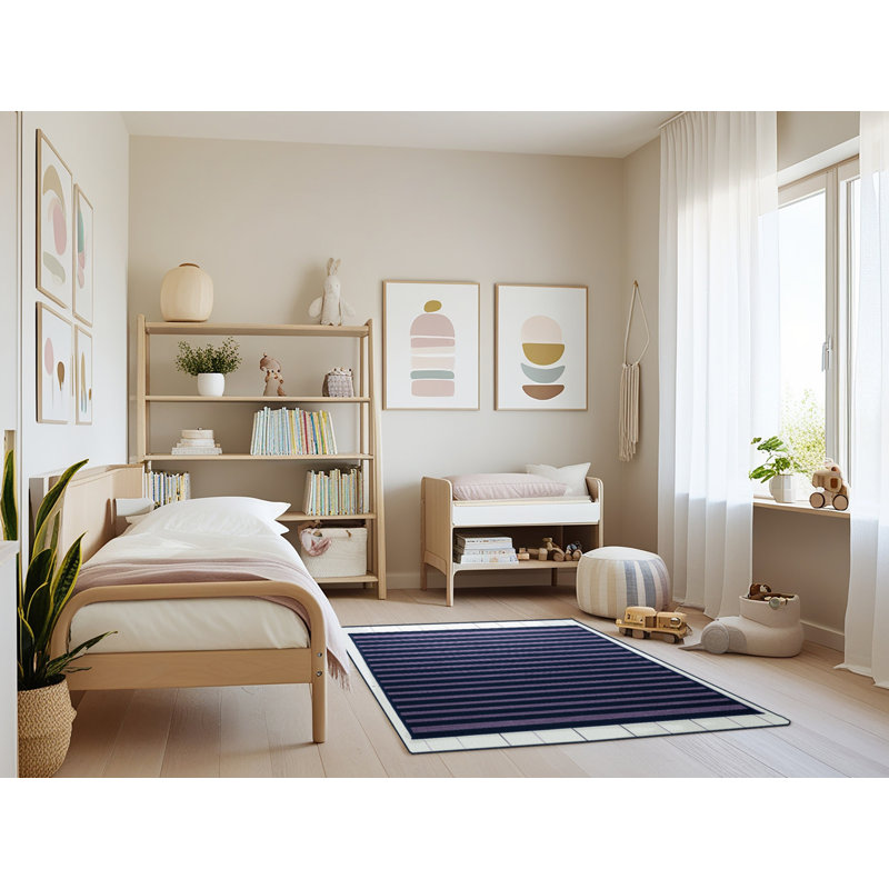 Tapis bleu à rayures horizontales lavable à la machine, Rectangle 4pi x 6 pi