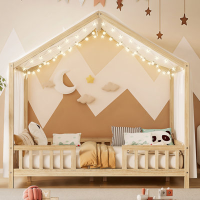 Lit sur pied avec auvent, cadre de lit double pour enfants, cadre de lit pour tout-petit en forme de maison avec rampes hautes, lit pour enfants en bois avec toit, lit double pour enfant, naturel