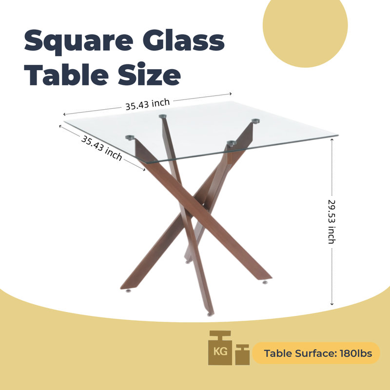 Table de salle à manger 36 po carrée en verre trempé avec pieds modernes en métal noyer, sièges 2-4, Carré - Noyer